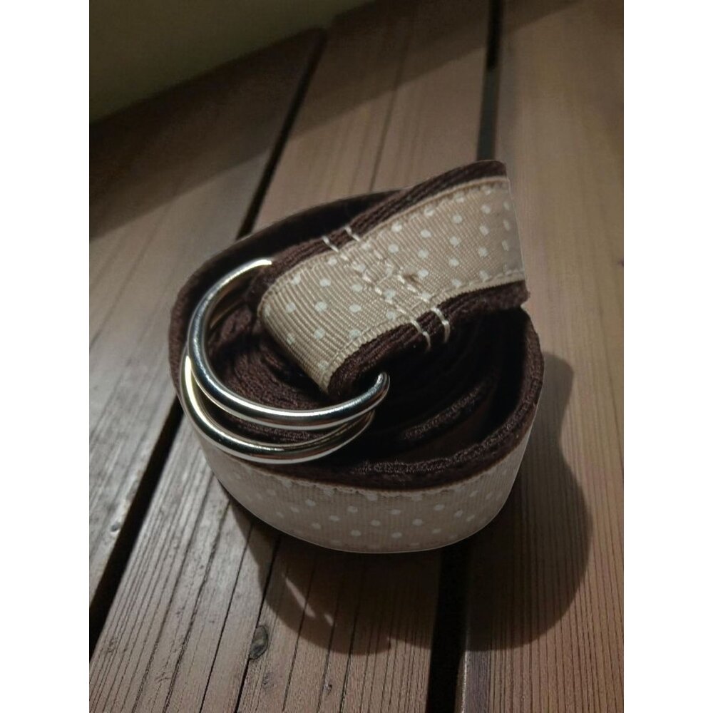 Preppy Fabric Ribbon Tan with White Polka Dot Belt D Ring Buckle 40-45" Size 16